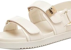 Rihero Women's Adjustable Double Strap Flat Sandals | Comfortable Leather Footbed for Everyday Use | Stylish Slip-On Des